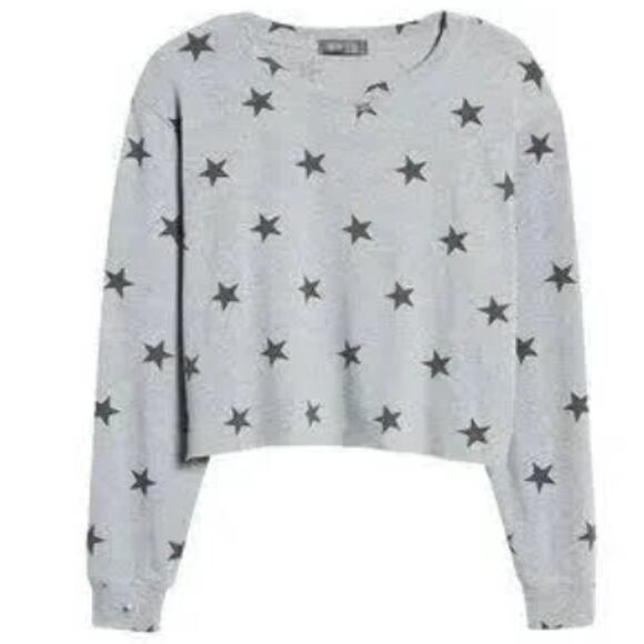 NWT La La Land Soft Long Sleeve Crew Crop Top Sz Large in Gray with Black Stars - Picture 1 of 6
